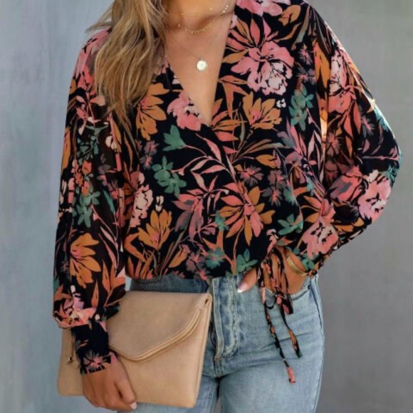 Vici Tops - VICI Floral V-Neck Wrap Blouse